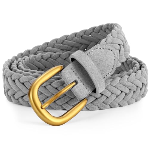 XZQTIVE Women’s Braided Suede Belt – Adjustable Woven Waist Belt with Gold Buckle for Dresses, Jeans & Casual Outfits - color: Grey, size: Small: fits waist from 28"-33"