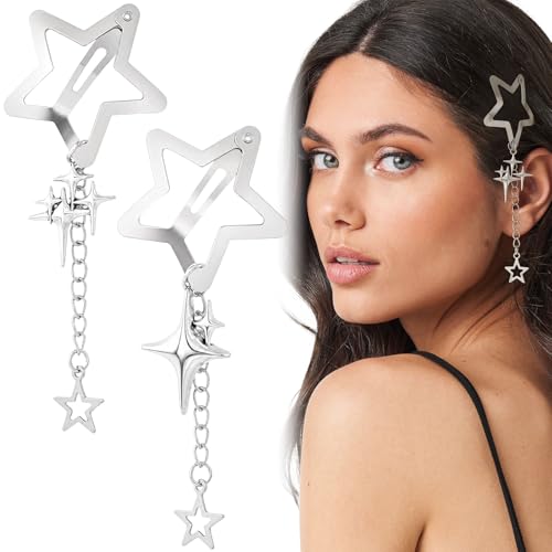 Pndeyo 2pcs Star Tassels Hair Clips for Women, Non-Slip 2000s Y2k Snap Barrettes, Cute Star Beaded Pendant Pin Accessories for Braid Long Short Thin Thick Hair- Silver - color: Silver-A2 Style