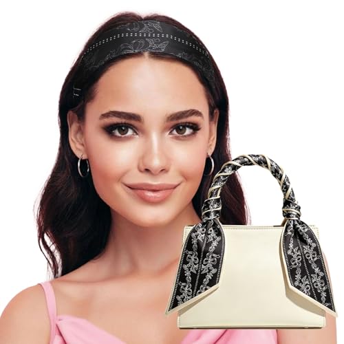 Sumolux Head Hair Scarf for Women Neck Purse Bag Handbags Scarf Like Silk - color: Black Khaki Flower
