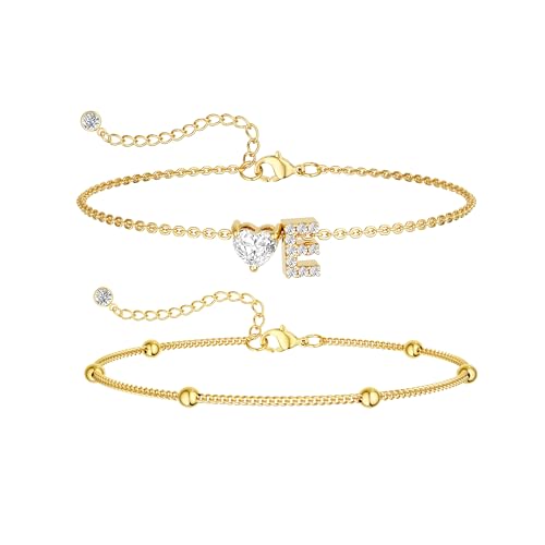CAROVO Gold Ankle Bracelets for Women Waterproof 14K Real Gold Plated CZ Initial Anklet for Women Dainty Layered Letter A-Z Heart Ankle Bracelets Handmade Adjustable Anklet Summer Beach Jewelry - style: E