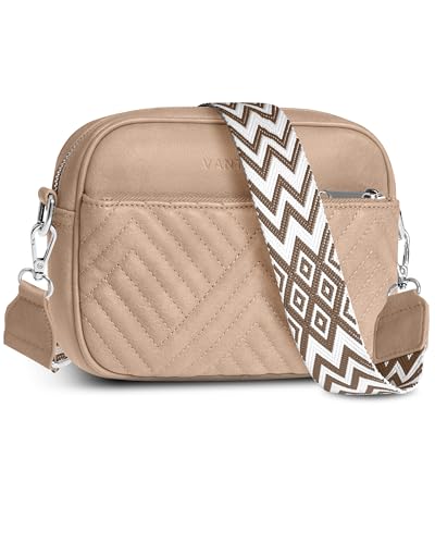 Vantamo Premium Quilted Crossbody Bags for Women with Anti-Pickpocket Clip, Vegan Leather Handbags, Travel Purses for Women - color: Shoulder Bag Sand Jacquard Strap