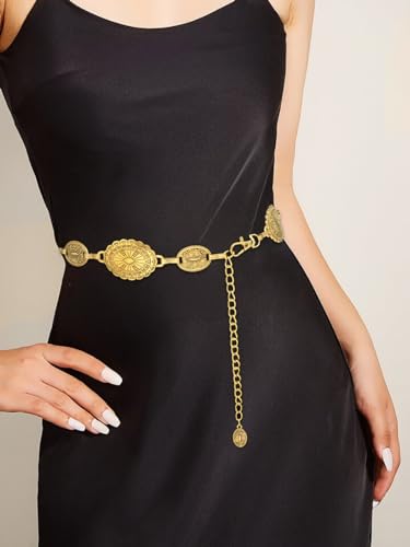 Women's Concho Chain Belt Western Cowgirl Metal Waist Chain Belt for Dress - color: C Gold, size: XL: 59 in