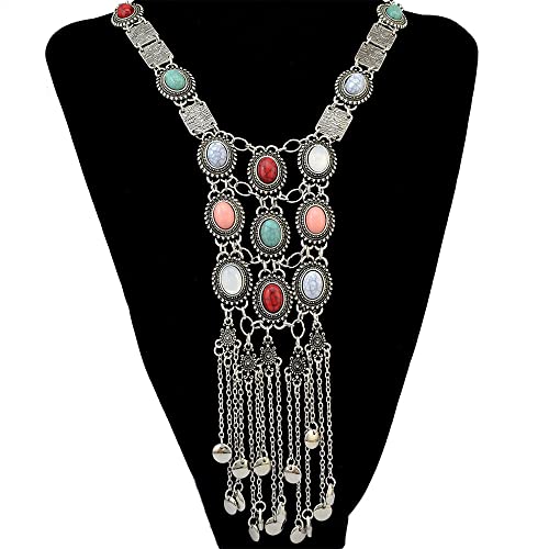 Asphire Bohemian Long Tassel Necklace Vintage Colorful Gemstone Turquoise Necklace Nepal Tibetan Ethnic Exaggerated Statement Accessories for Women and Girls - color: Silver
