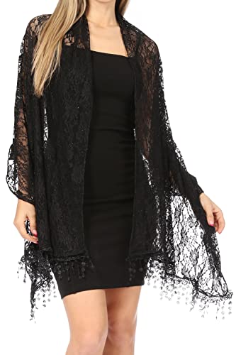 Sakkas Mari Women's Large Lightweight Soft Lace Scarf Wrap Shawl Floral and Fringe - color: Style2-black