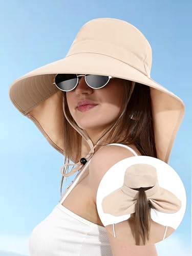 LA CARRIE Women Sun Hats Breathable Wide Brim UV Protection UPF 50+ with Neck Flap Hat for Summer Beach - color: Creamy White