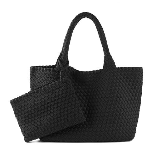Woven Bag for Women, Large Neoprene Tote Bag Summer Beach Handbag Purse Retro Handmade Travel Shoulder Bag Set - color: Black