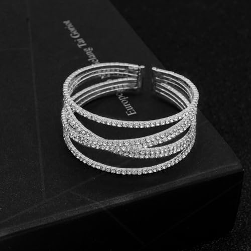 Women's Multi-Layer Rhinestone Cuff Bracelet Sparkling Crystal Tennis Bangle for Bridal Wedding Party - color: 1203 Silver