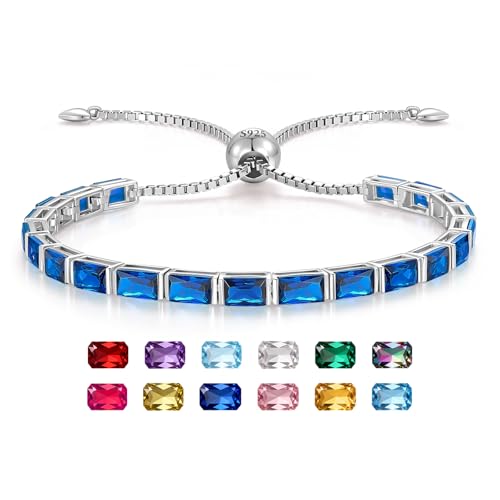 Radiant Cut Birthstone Tennis Bracelets for Women, Adjustable 6–9 Inches White Gold Plated Sterling Silver Bracelet, Hypoallergenic Anniversary Birthday Valentine’s Day Gift for Her - color: 09-Sapphire