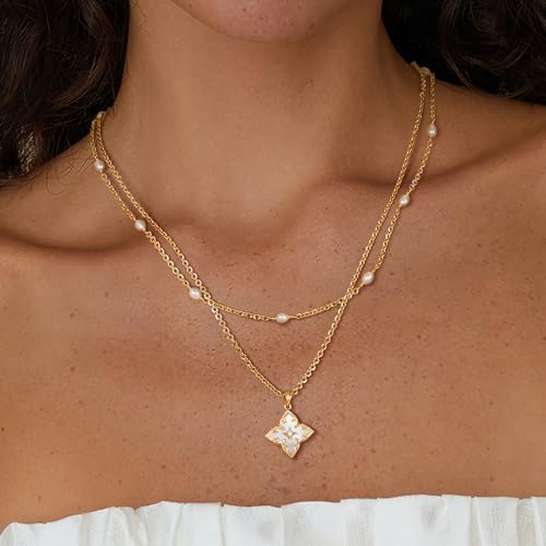 Fettero Gold Clover Necklace for Women Dainty 14K Gold Plated CZ Pendant Necklace Adjustable Chain Choker Charm Colorful Clover Pendant Lucky Necklaces for Women Jewelry - color: White - Mohter of Pearl