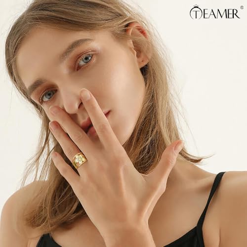 TEAMER Bohemian Hollow Flower Ring Stainless Steel Rhinestone Flower Ring Wedding Band Ring Exquisite Jewelry for Women - color: Gold
