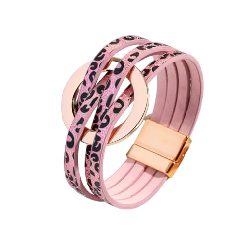 Fuqimanman2020 Circle Charm Leather Wrap Bracelet Boho Handmade Layered Cuff Bracelets for Women Teen Bohemian Multi Strand Bangle Bracelets Holiday Jewelry - color: Leopard print pink