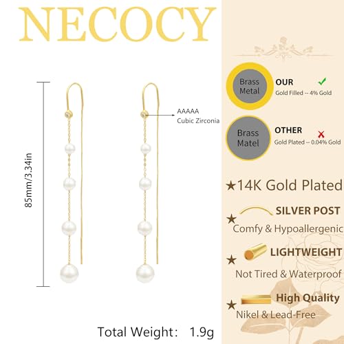 NECOCY Gold Dangle Earrings for Women Non Tarnish 14K Gold Plated Drop Wedding Hypallergenic Earring Dainty Long Hanging Chain CZ Pearl Threader Earrings Trendy Silver Plated Jewelry for Women - style: Gold&Style1