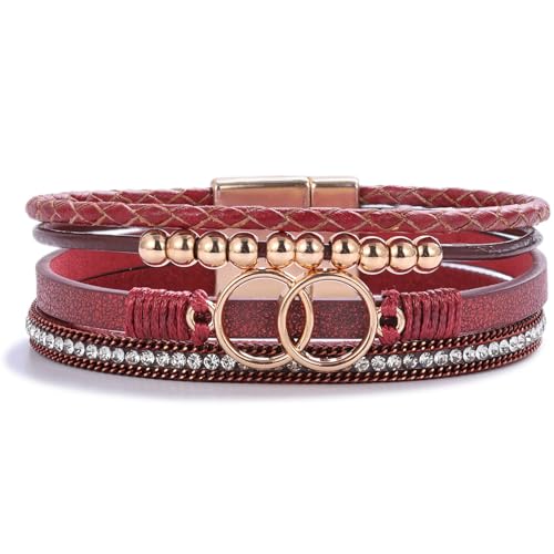FANCY SHINY Boho Leather Wrap Bracelet Stackable Infinity Chunky Cuff Bracelets Western Hippie Outfits Jewelry Valentine Gifts for Women - color: Burgundy