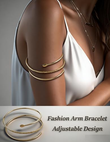 2Pcs Minimalist Simple Swirl Upper Arm Cuff Bracelets for Women Arm Bangle Armlets Adjustable - color: gold