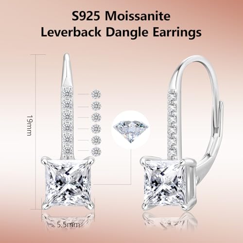 KRKC Moissanite Earrings, 1.0ct-2.0ct D Color Lab Created Diamond Earring, 14k White Gold Plated Sterling Silver Dangle Earrings S925 Leverback Drop Earring for Women Hypoallergenic Jewelry for Gifts - color: Princess-Silver-5.5mm