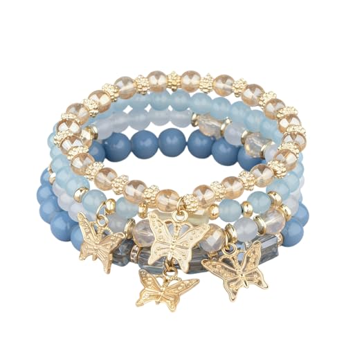 Fuqimanman2020 Boho 4pcs Butterfly Charm Gold Beaded Stackable Stretch Bracelet Set Crystal Butterfly Colorful Elastic Bracelets - color: Blue