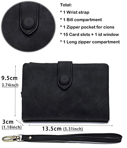 AOXONEL Women's Small Bifold Leather wallet Rfid blocking Ladies Wristlet with Card holder id window Coin Purse - color: Black