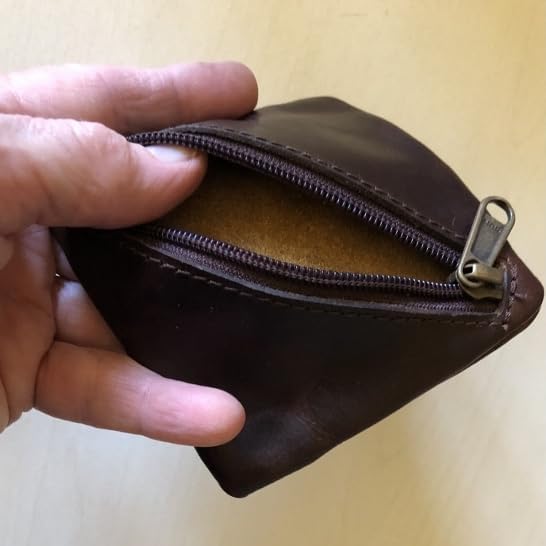 Leather Coin Pouch, Leather Zippered Change Holder, Compact Change Holder and Mini Pocket Wallet for Men & Women Handmade Purse Organizer (Brown)