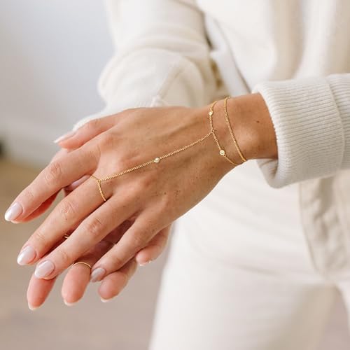 CHESKY 14k Gold Plated Hand Chain Bracelet for Women Trendy, Dainty Ring Bracelets Hand Chain Finger Nail Bracelet Simple Gold Hand Jewelry for Women Gifts - style: Zironia