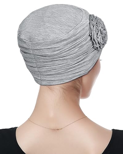 Alnorm Flower Design Chemo Hair Loss Caps Cancer Headwear for Women - color: Light Hemp Grey