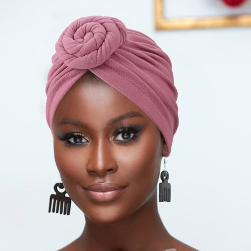 DRESHOW 5 Pack Knotted Headwraps for Women African Turban Pre-Knotted Beanie Headwraps Hair Covers - color: 5 Pack Donuts: White/Tan/Pink/Grey/Black