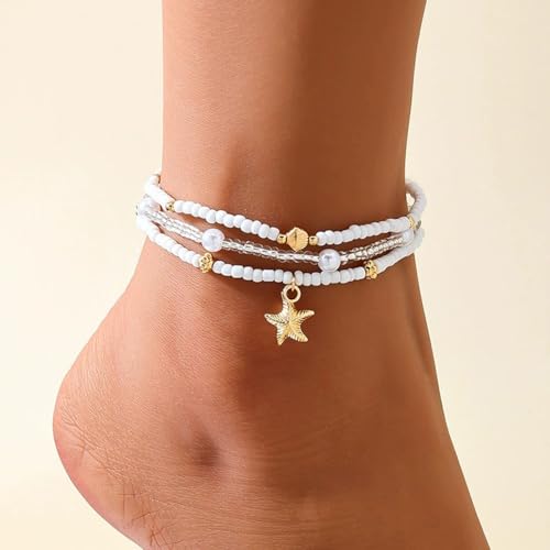 Gold Starfish Anklets for Women Seashell Ankle Bracelet Boho Stack Stretch Beaded Anklet Set Summer Beach Jewelry - style: A Style