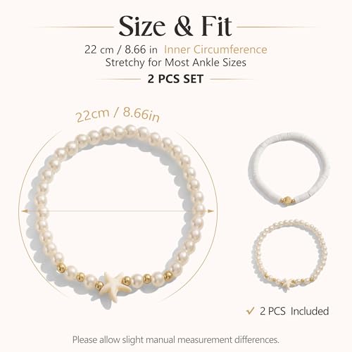 Fesciory Shell Ankle Bracelets for Women, Gold Plated Boho Anklet Set with Pearl Beads Starfish Conch Seashell, Adjustable Summer Beach Hawaiian Foot Jewelry Gift - style: Puka Shell 2Pcs1