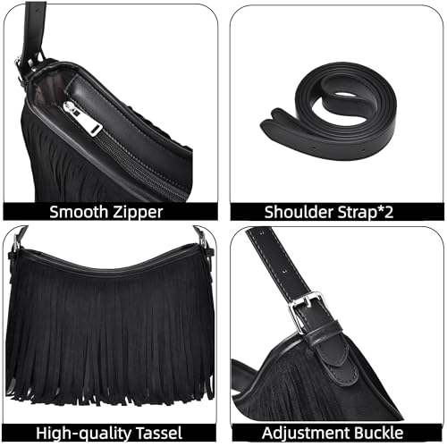 Fringe Shoulder Bag for Women Underarm Suede Western Hobo Purses and Handbags Trendy Crossbody Purse with Tassel - color: Black