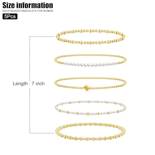 VIBILIA Gold Beaded Bracelets Set for Women 14K Gold Plated Dainty Pearl Cross Bracelet Stack Stretch Bracelet Set Fashion Accessories Gifts - color: 5P-FZZ-White
