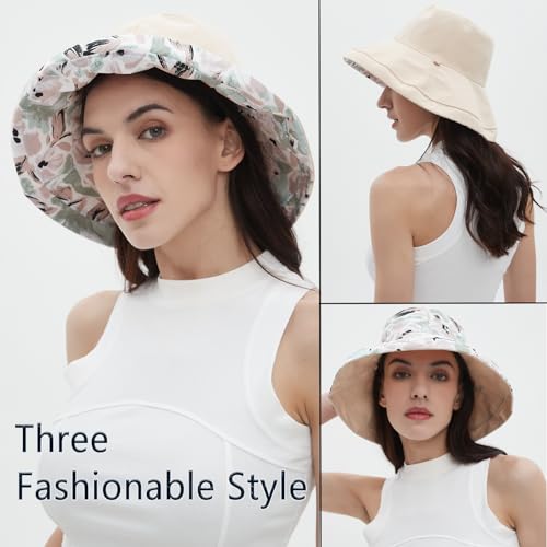 vidsel Womens Sun Hats Wide Brim Reversible Bucket Cotton Hat Packable Summer Travel Cap with Hat Clip,UV Protection - color: Beige, size: Medium