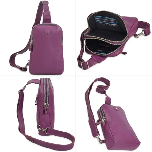 Leather Sling Bag for Women Genuine Crossbody Purse Small Trendy Cross Over Chest with Phone and Credit Card Slots (Amethyst Nappa) - color: Amethyst Nappa
