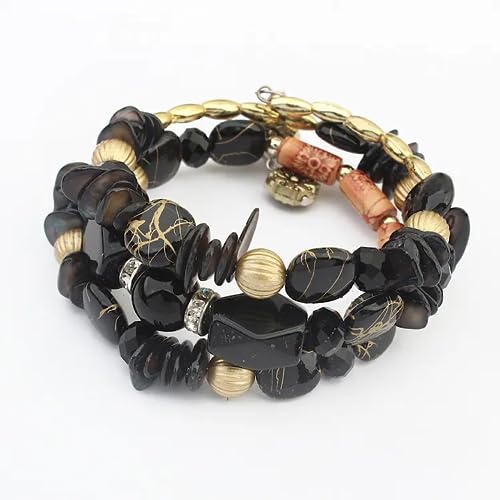 Women Beaded Bracelet Set | Colorful Boho Stackable Trendy Design with Crystal Accents Multilayer Bangle Bracelet | Fashion Stretch Braclets Jewelry for Women - color: Black.