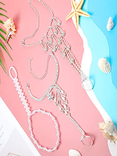 Hicarer 6 Pcs Foot Jewelry Barefoot Sandals for Women Rhinestone Bohemian Foot Ankle Chains for Beach Wedding - style: Rhinestone Faux Pearl Leaf Style