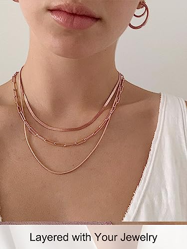 FOCALOOK 14K Gold Plated Necklaces for Women, Fashion Herringbone Choker Necklace Stainless Steel Flat Snake Chain 3/5MM(W) 12.5"/15"/18"+3.5"(L) - color: 3MM-Rose Gold-15"