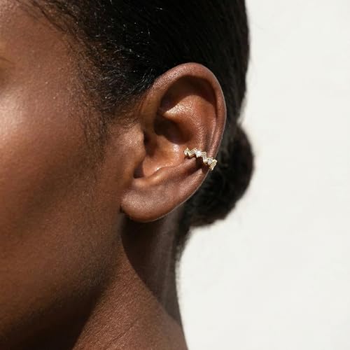 SLUYNZ 925 Sterling Silver CZ Cuff Earrings for Women Small Hoop Earrings No Piercing Cartilage Earrings - color: B-18K Gold Plated
