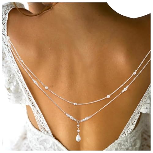 Layered Pearl Pendant Back Chain Necklace Bridal Wedding Pearl Backdrop Jewelry Summer Beach Crystal Backless Body Jewelry for Women Dress