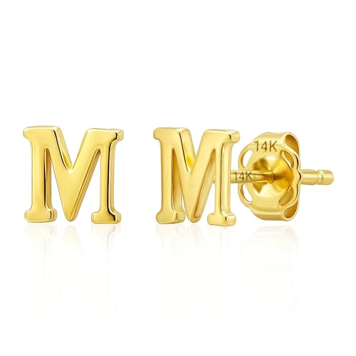 14k Gold Small Script Initial Letter Stud Earrings for Women | Anti Tarnishing 5mm 14k Gold Studs | A-Z Alphabet Earrings with Gift Box by MAX + STONE - style: M | Yellow Gold