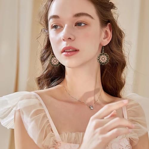 Bohemian Lightweight Vintage Copper Enamel Flower Hollow Dangle Drop Earrings Handmade Retro Circle Floral Hook Earrings For WomenJewelry Gifts - color: Pink