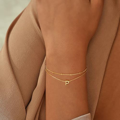 Turandoss Initial Bracelets for Mom Women, Dainty 18K Real Gold Plated Layered Letter A-Z Initial Bracelets Personalized 26 Alphabet Monogram Gold Bracelets for Women Birthday Jewelry Gifts Trendy - color: P