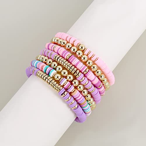Elegance 11 designs Heishi Beaded Bracelets For Women Polymer Clay Colorful Surfer Stackable Beads Boho Bracelet Summer Beach Jewelry - color: Purple