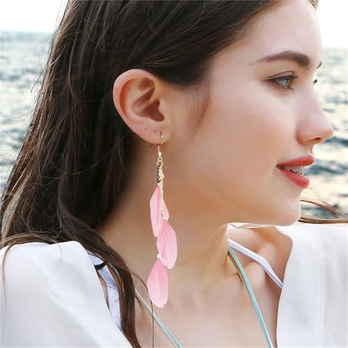 coadipress Boho Piercing Tassel Feather Long Chain Earrings Retro Lightweight Native Feather Dangle Drop Earrings for Women Bohemian Handmade Natural Feathers Earring Jewelry - color: Pink
