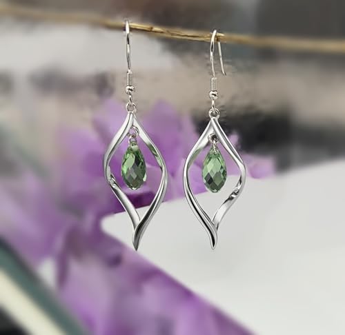 Rhodium Plate 925 Sterling Silver Hook Twist Leaf Holiday Hypoallergenic Dangle Earrings for Women Gifts Engagement Wedding with Austrian Daiamond Cut Waterdrop Crystal Hight Polished Long :1.9 IN - color: Green (leaf style)