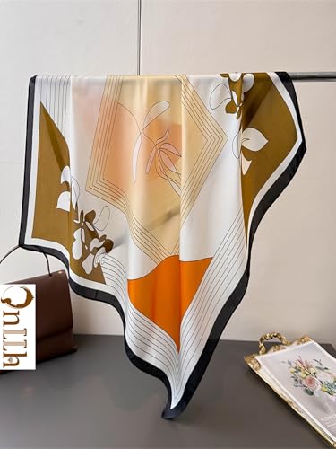 Silky Scarf for Women Lightweight Satin Bandanas Neck Hair Wrap For Sleeping Head Scarves 27.5" - color: A12 Orange Geometric /27.5"
