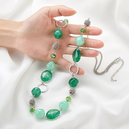 BULINLIN Beaded Long Necklace for Women Silver Sweater Chain Necklace with Crystal Resin Beads, Fashion Jewelry Necklace - color: 53-Dark light jade green