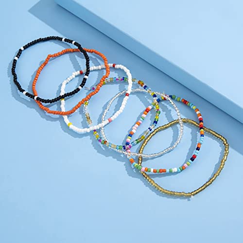 Rrdaily Boho Multilayer Handmade Beaded Anklets for Women,Elastic Adjustable Colorful String Anklets Beach Foot Jewelry (A)