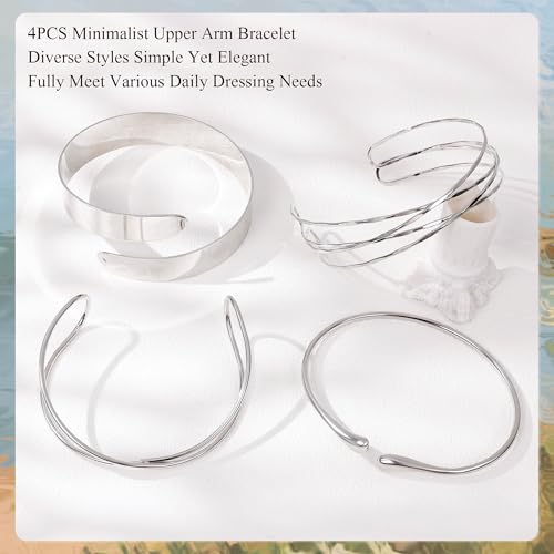 4Pcs Upper Arm Cuff for Women Open Adjustable Arm Bracelets Minimalist Coil Arm Armband Set - style: Silver-Style B