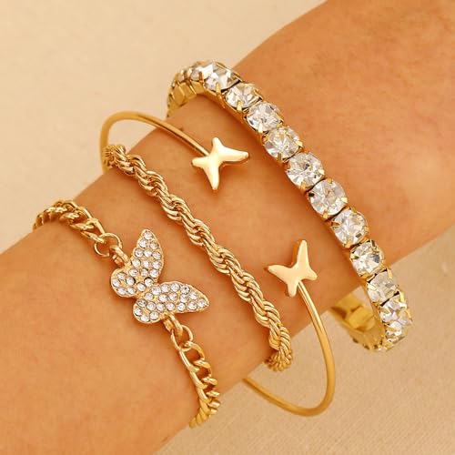 Alegend Titanium Steel (Not Rust, Resist Corruption, Easily Clean) 18K Gold Plated Single Bracelets + 14K Gold Plated Stackable Multilayer Bracelets - style: 14KGold + 4PCS A