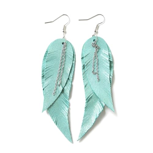 Black shiny Leather Feather Earrings for Women, Lightweight Minimal Boho Dangle Earrings, Small Simple Everyday Jewelry - color: Light green shiny