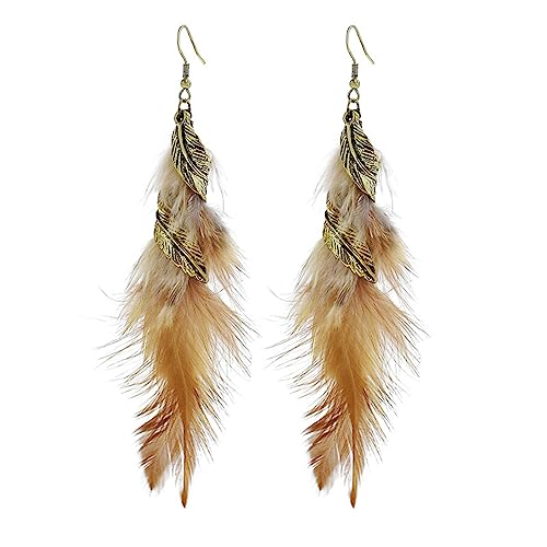 Bohemian Handmade Natural Long Feather Dangle Earrings for Women Multicolor Tassel Feathers Dangle Drop Earrings Vintage Bohemian Earrings Boho Feather Earrings - color: Brown
