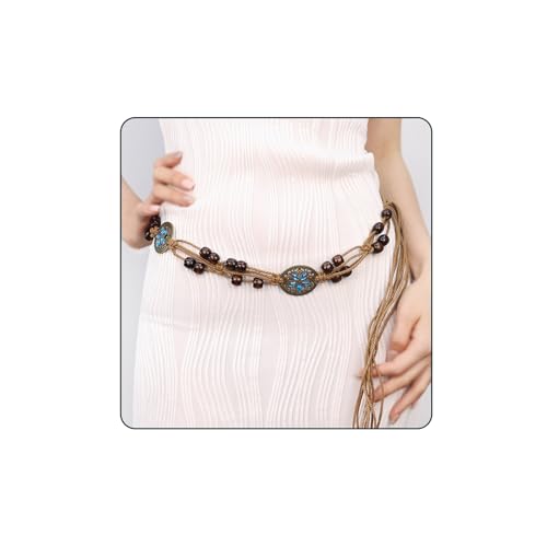 Women Braided Waist Belt Boho Woven Belt with Wooden Beads and Ring Clasp Vintage Long Tassel Rope Tie Belt for Dress - color: Brown 3